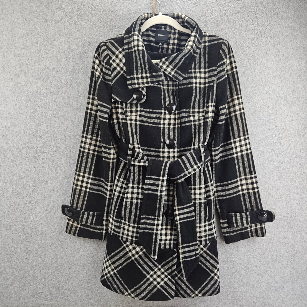 EXPRESS Pea Coat Womens S Black Plaid Wool Blend Belted Trench Winter Outerwear